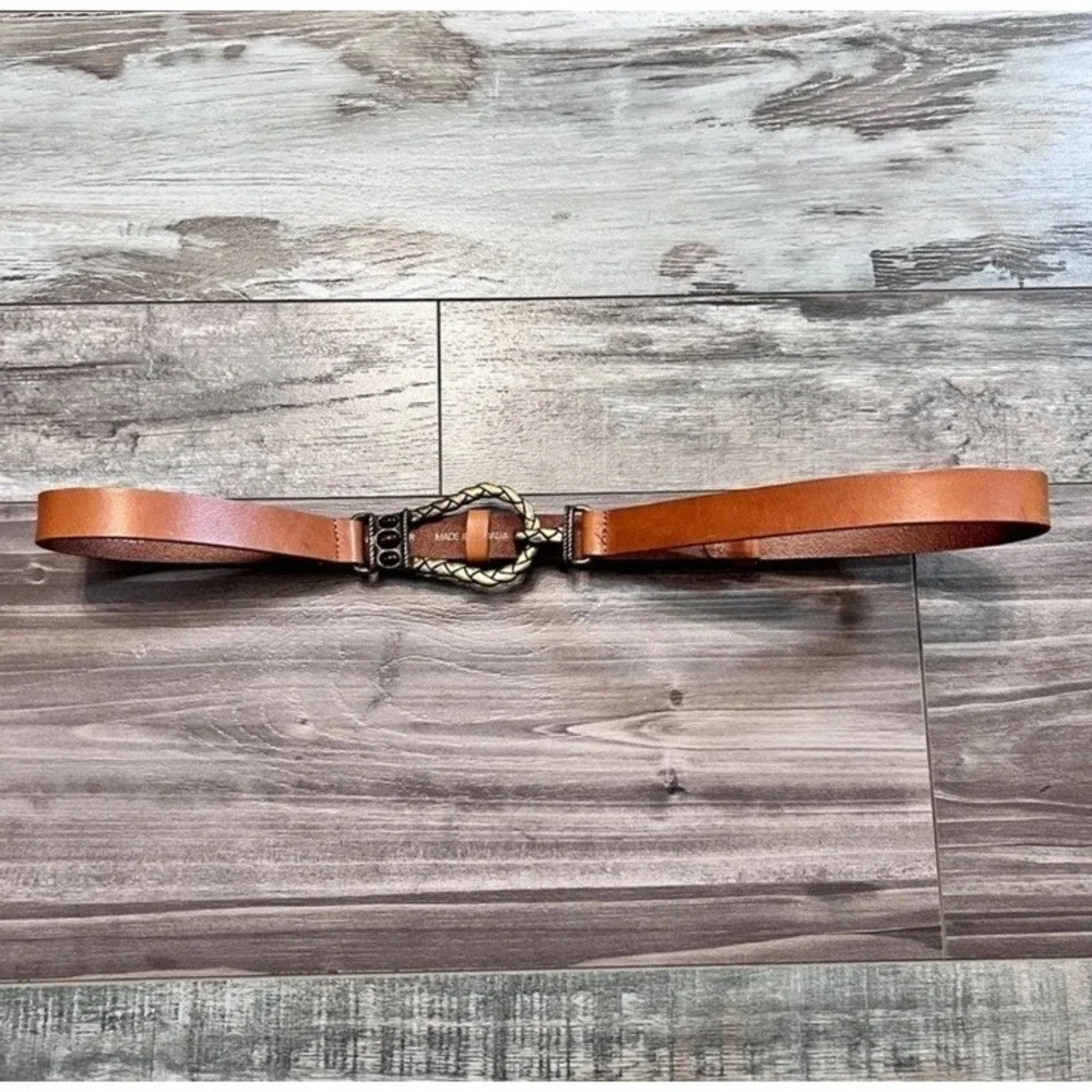 Chicos Italian Leather Brass Tone Waist Belt Size M/L Adjustable Hook Gemstones‎